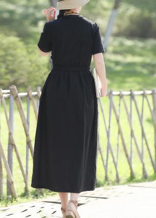 Women black linen cotton Robes 2019 Shape tie waist Maxi summer Dress - SooLinen