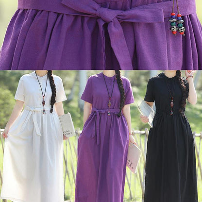 Women black linen cotton Robes 2019 Shape tie waist Maxi summer Dress - SooLinen