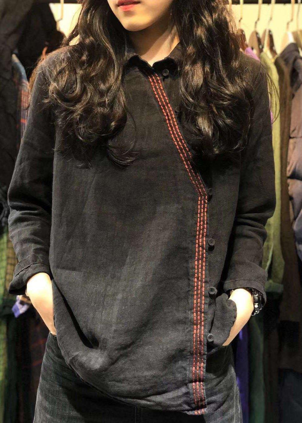 Women black linen tunics for women long sleeve Dresses fall shirt - SooLinen