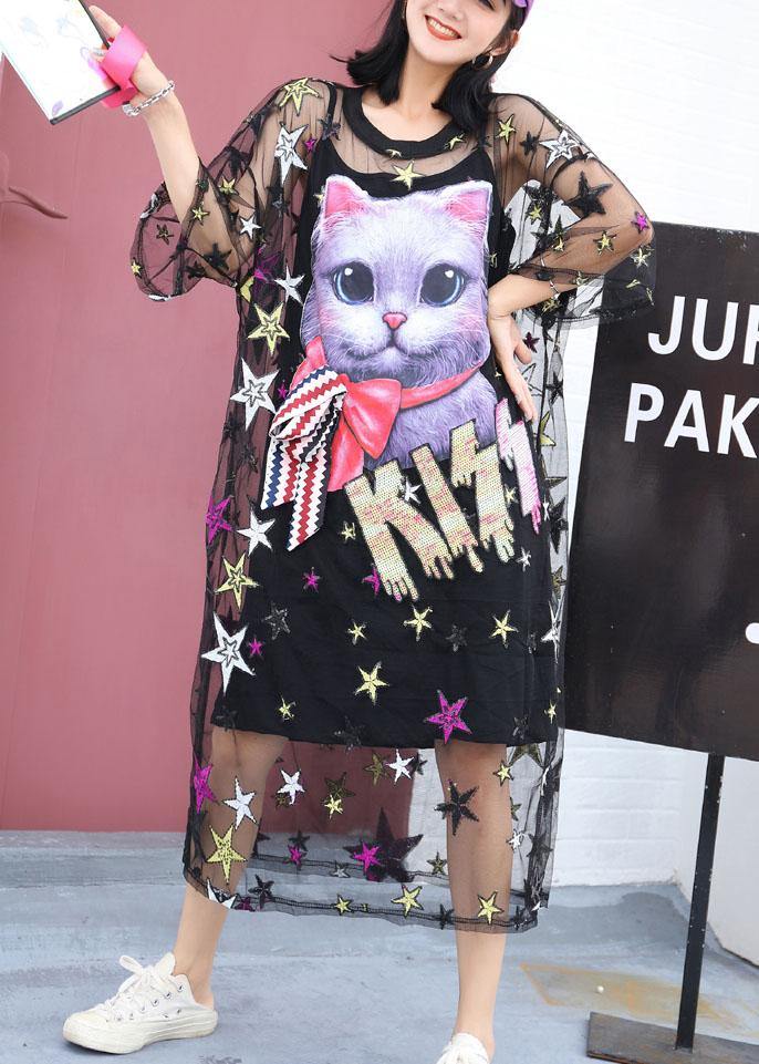 Women black love cats cotton clothes Women short sleeve summer Dresses - SooLinen