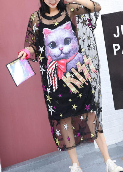 Women black love cats cotton clothes Women short sleeve summer Dresses - SooLinen