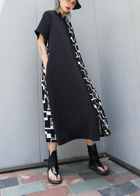 Women black patchwork cotton clothes For Women Square Collar A Line summer Dresses - SooLinen