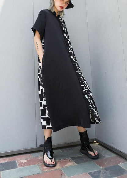 Women black patchwork cotton clothes For Women Square Collar A Line summer Dresses - SooLinen