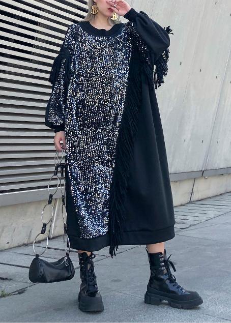Women black patchwork cotton clothes Women o neck tassel Sequined long Dresses - SooLinen