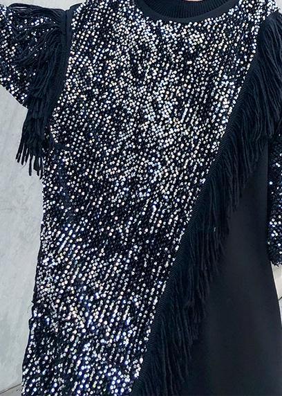 Women black patchwork cotton clothes Women o neck tassel Sequined long Dresses - SooLinen