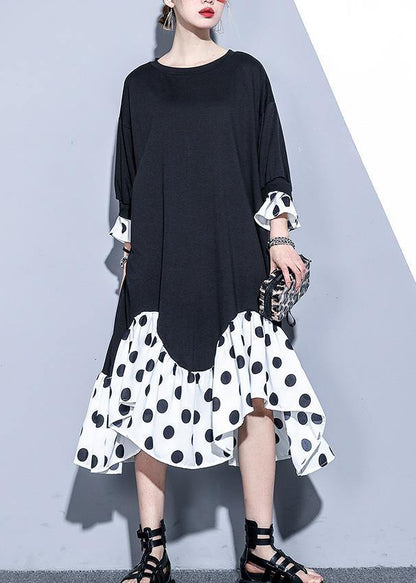 Women black patchwork cotton clothes bracelet sleeved Art summer Dresses - SooLinen