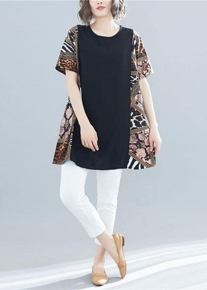 Women black patchwork cotton clothes o neck Art summer shirts - SooLinen