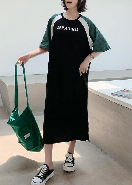 Women black patchwork cotton quilting clothes o neck A Line summer Dresses - SooLinen