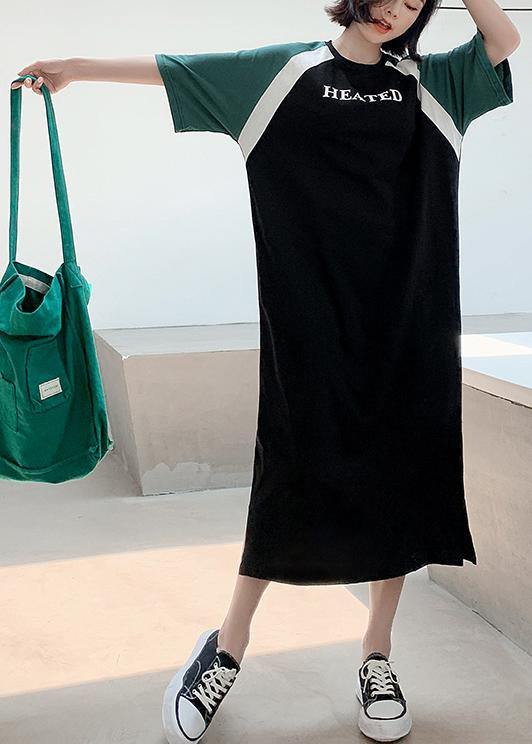 Women black patchwork cotton quilting clothes o neck A Line summer Dresses - SooLinen