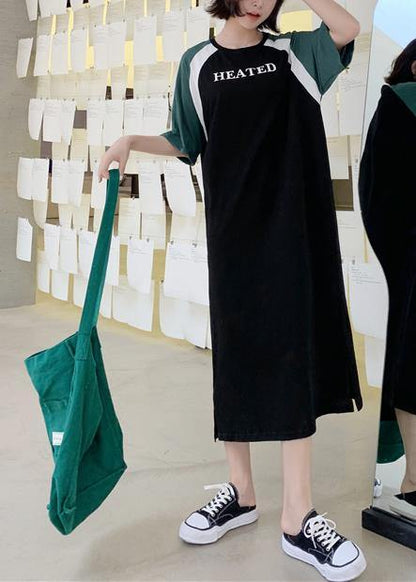 Women black patchwork cotton quilting clothes o neck A Line summer Dresses - SooLinen