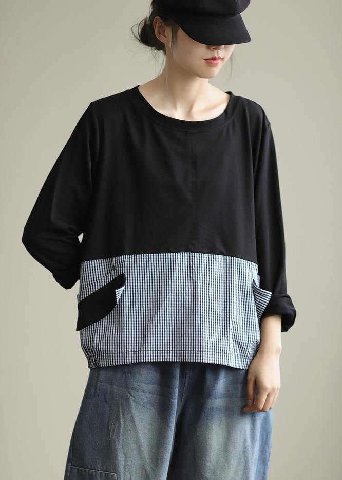 Women black patchwork plaid shirts o neck tunic blouse - SooLinen