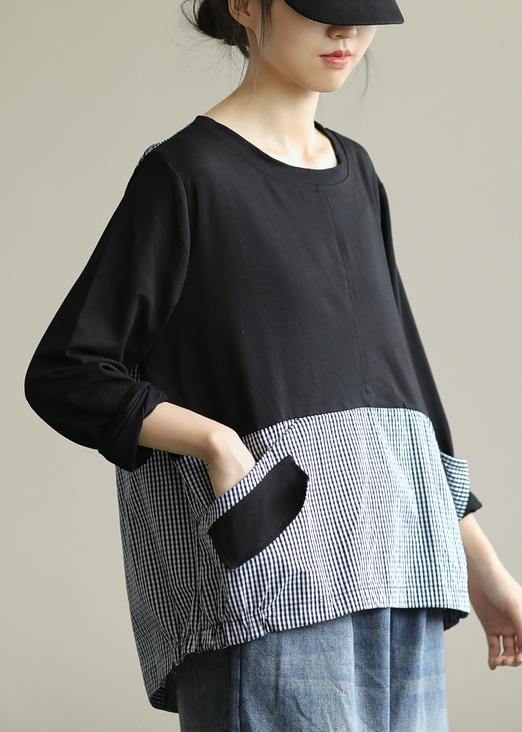 Women black patchwork plaid shirts o neck tunic blouse - SooLinen