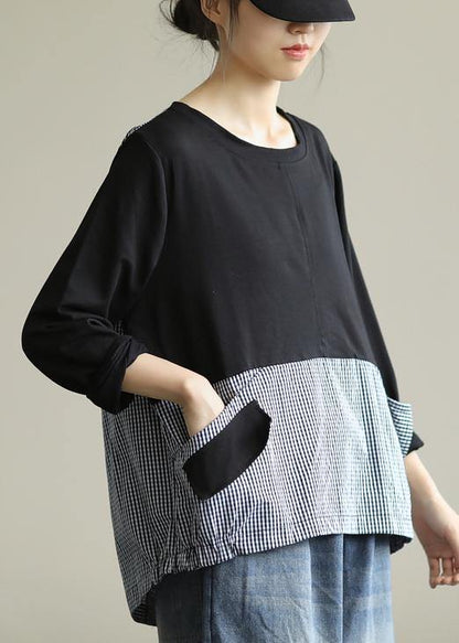 Women black patchwork plaid shirts o neck tunic blouse - SooLinen