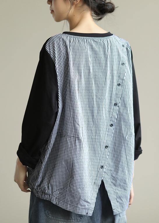 Women black patchwork plaid shirts o neck tunic blouse - SooLinen