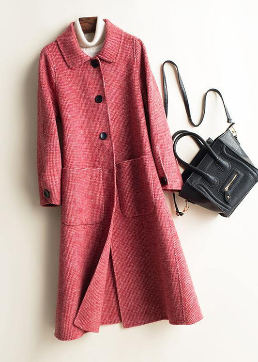 Women black plaid Fine tunic Woolen CoatsWork Peter pan Collar Button Down women Woolen Coats - SooLinen