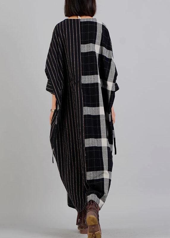 Women black plaid cotton dress v neck patchwork Large pockets fall Dresses - SooLinen