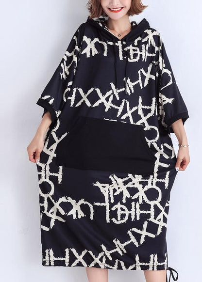 Damen schwarz bedruckte Baumwoll-Arbeitsoutfits mit Taschen, Sommerkleider in Übergröße