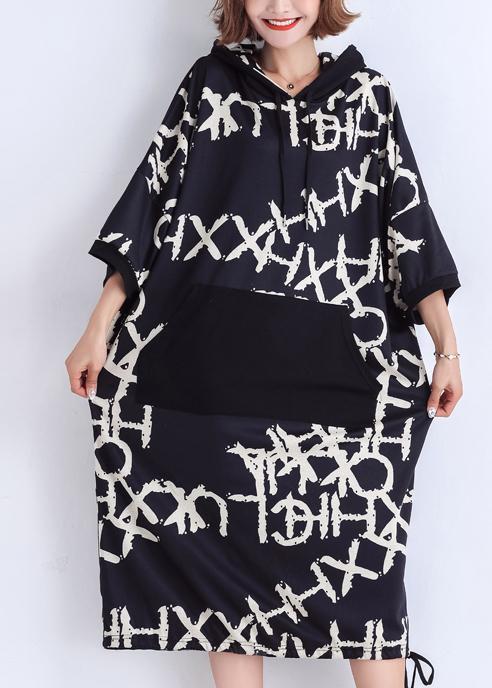 Damen schwarz bedruckte Baumwoll-Arbeitsoutfits mit Taschen, Sommerkleider in Übergröße