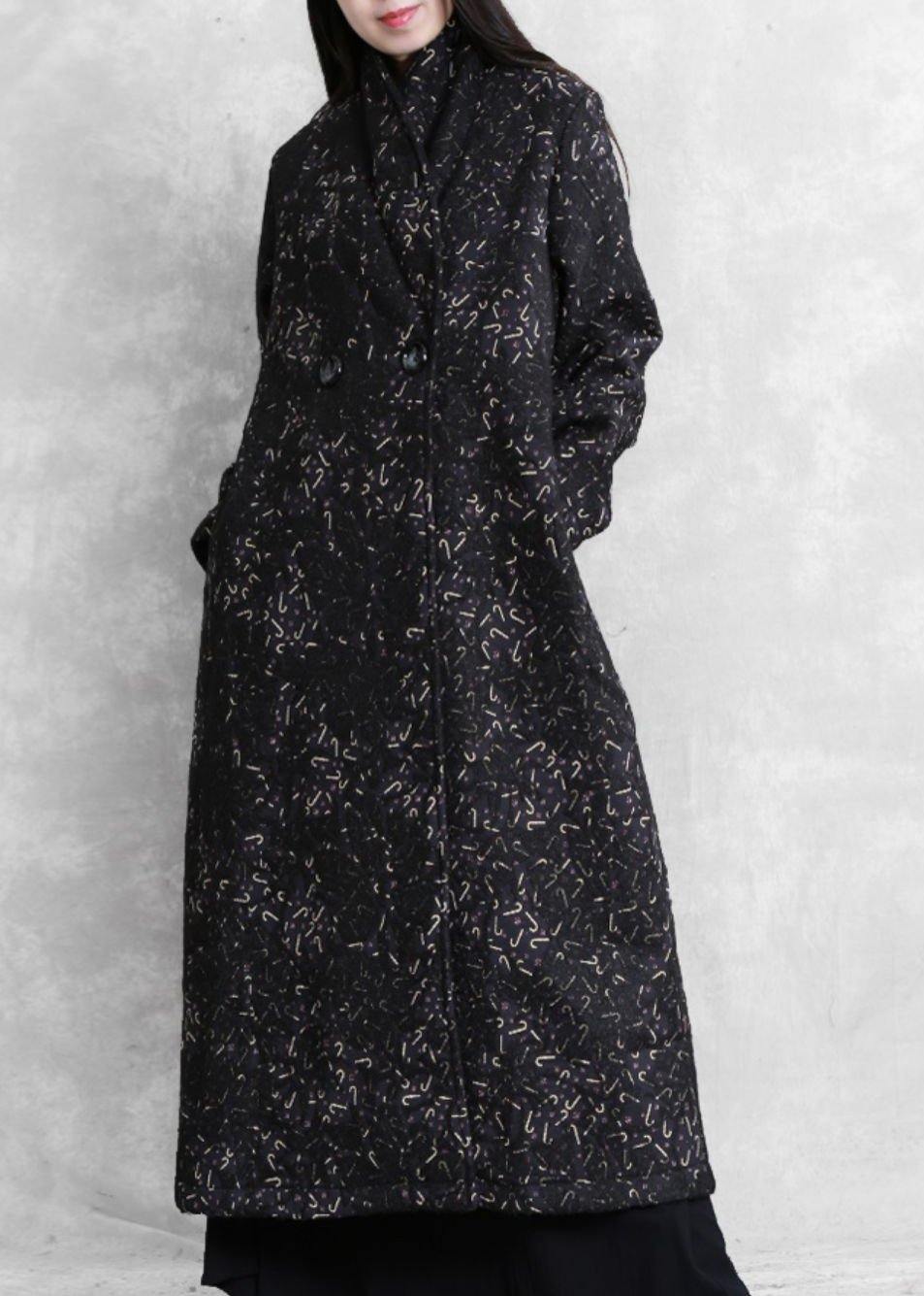 Women black print Plus Size tunic coat Fashion Ideas Notched pockets coat - SooLinen
