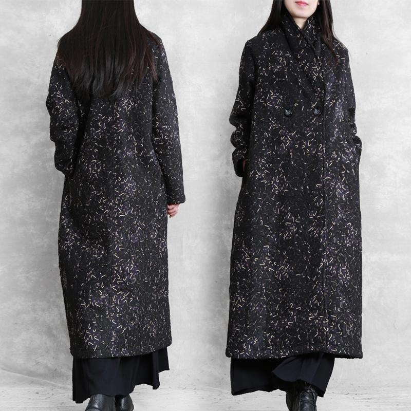 Women black print Plus Size tunic coat Fashion Ideas Notched pockets coat - SooLinen