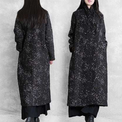 Women black print Plus Size tunic coat Fashion Ideas Notched pockets coat - SooLinen