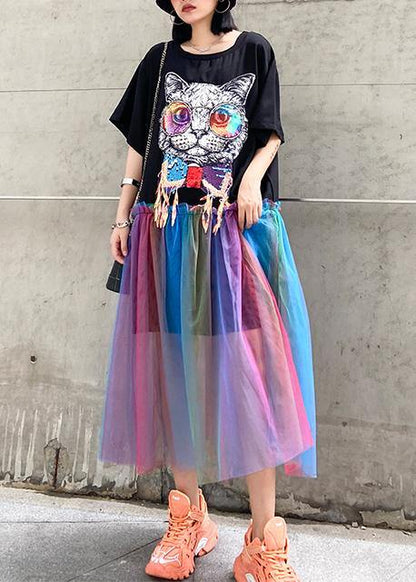 Women black print cotton dresses patchwork tulle A Line Dresses - SooLinen