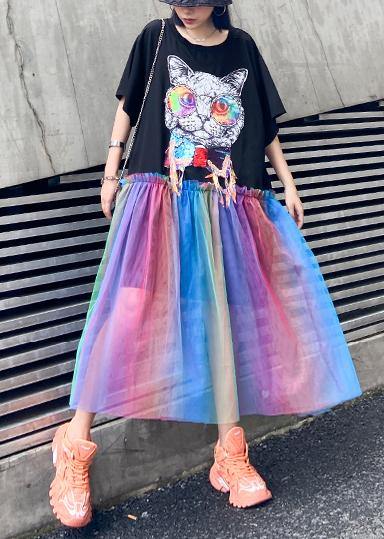 Women black print cotton dresses patchwork tulle A Line Dresses - SooLinen
