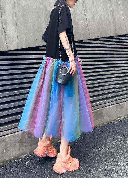 Women black print cotton dresses patchwork tulle A Line Dresses - SooLinen