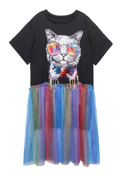 Women black print cotton dresses patchwork tulle A Line Dresses - SooLinen