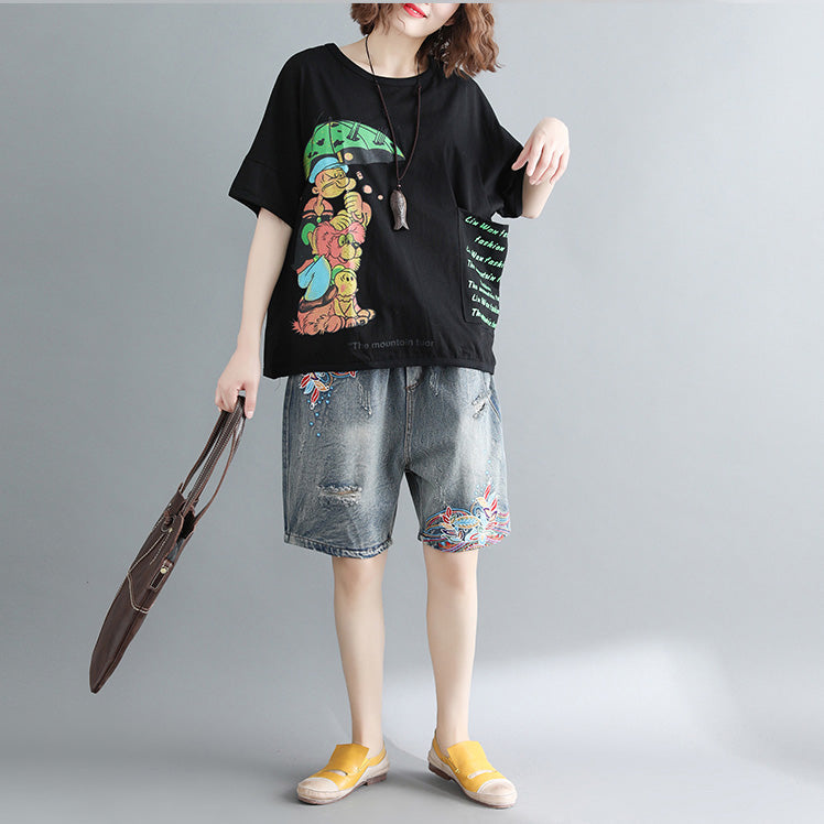 Damen schwarz bedruckte Baumwolltops Damenblusen Boutique-Tops O-Ausschnitt Taschen Midi-Shirt