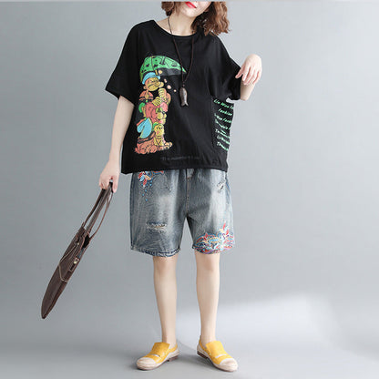 Damen schwarz bedruckte Baumwolltops Damenblusen Boutique-Tops O-Ausschnitt Taschen Midi-Shirt