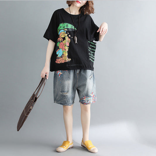 Damen schwarz bedruckte Baumwolltops Damenblusen Boutique-Tops O-Ausschnitt Taschen Midi-Shirt