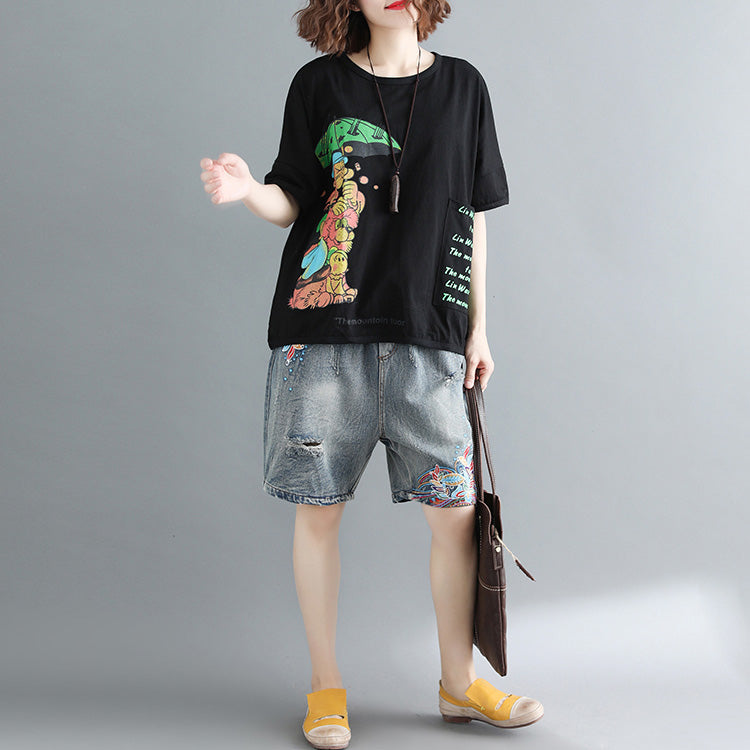 Damen schwarz bedruckte Baumwolltops Damenblusen Boutique-Tops O-Ausschnitt Taschen Midi-Shirt