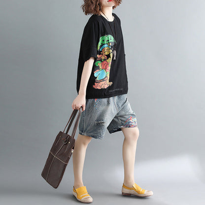 Damen schwarz bedruckte Baumwolltops Damenblusen Boutique-Tops O-Ausschnitt Taschen Midi-Shirt