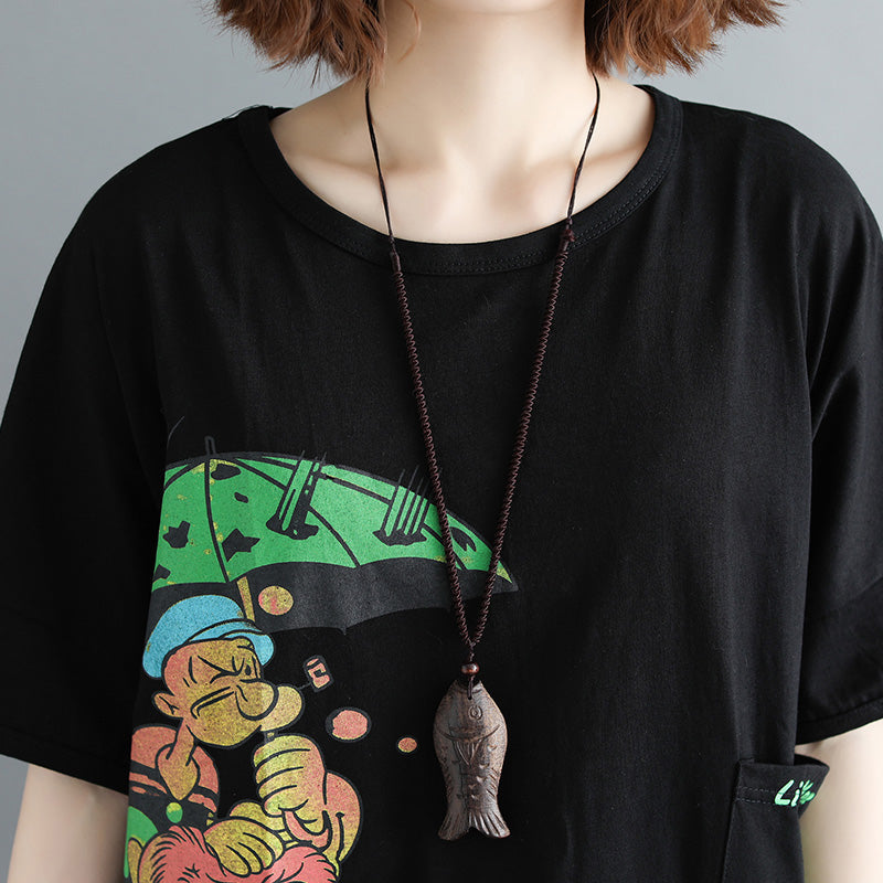 Damen schwarz bedruckte Baumwolltops Damenblusen Boutique-Tops O-Ausschnitt Taschen Midi-Shirt