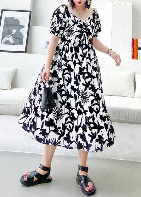 Women black print dresses v neck Cinched A Line Dress - SooLinen