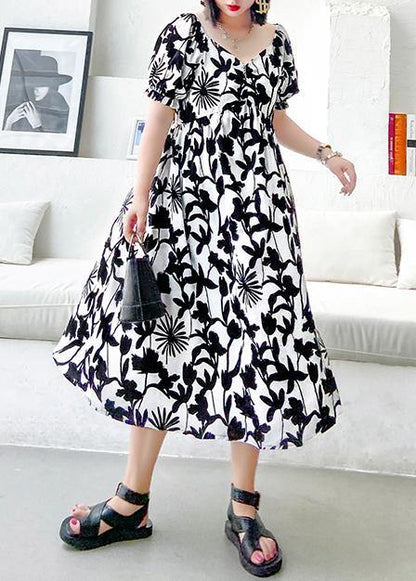Women black print dresses v neck Cinched A Line Dress - SooLinen