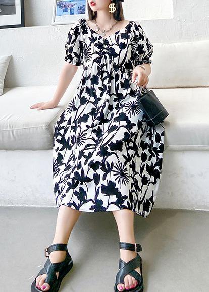 Women black print dresses v neck Cinched A Line Dress - SooLinen