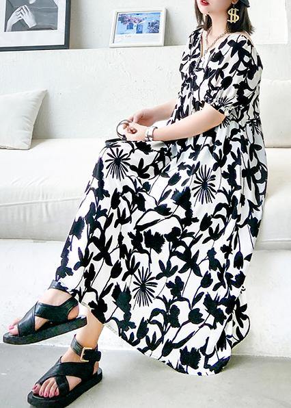 Women black print dresses v neck Cinched A Line Dress - SooLinen