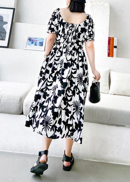 Women black print dresses v neck Cinched A Line Dress - SooLinen