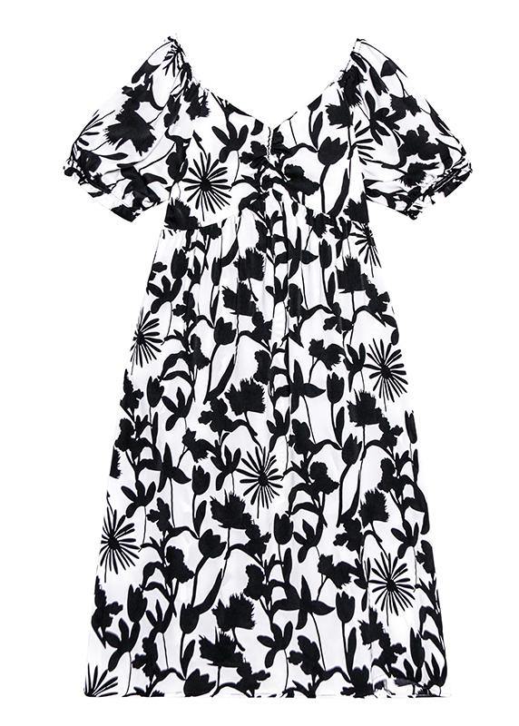 Women black print dresses v neck Cinched A Line Dress - SooLinen