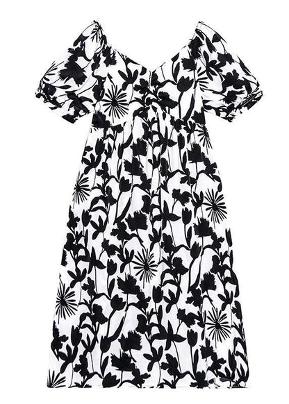 Women black print dresses v neck Cinched A Line Dress - SooLinen