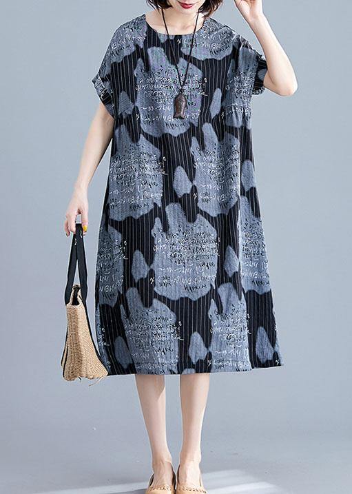 Women black print linen cotton tunics for women striped o neck Midi summer Dress - SooLinen