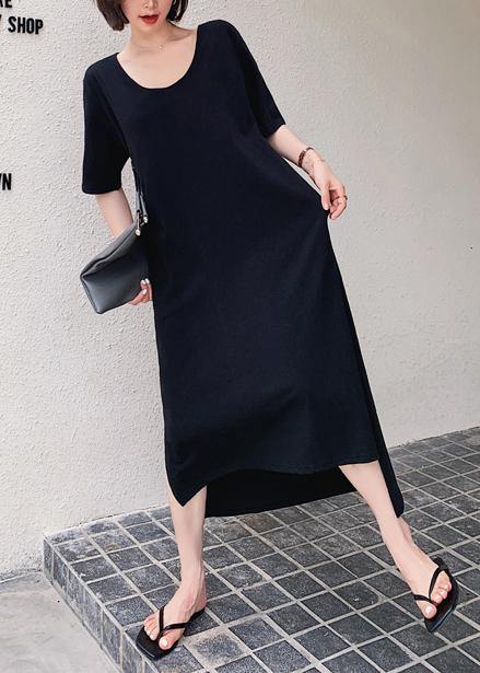 Women black quilting clothes o neck low high design Maxi Dresses - SooLinen