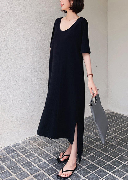 Women black quilting clothes o neck low high design Maxi Dresses - SooLinen