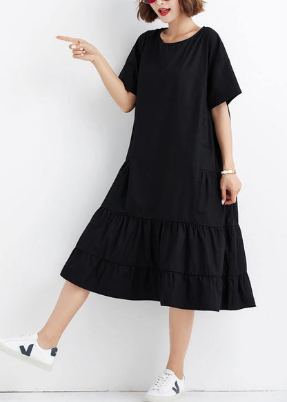 Women black ruffles cotton Wardrobes short sleeve cotton Dresses - SooLinen