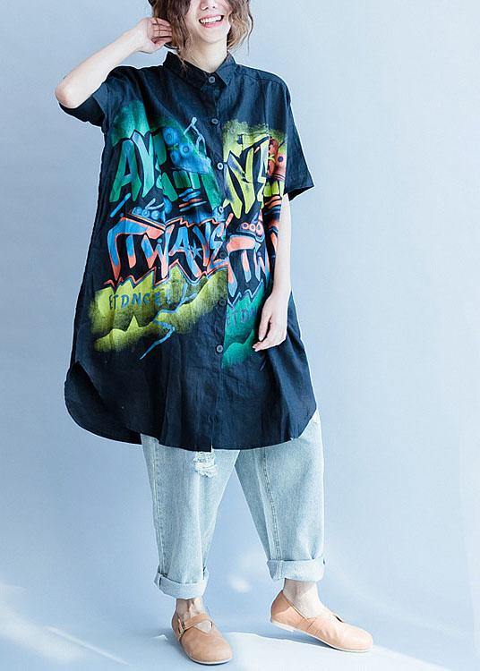 Women black side open cotton linen tops women Work lapel collar prints summer blouses - SooLinen