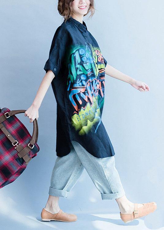 Women black side open cotton linen tops women Work lapel collar prints summer blouses - SooLinen