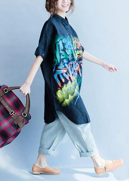 Women black side open cotton linen tops women Work lapel collar prints summer blouses - SooLinen