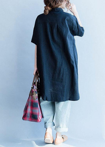 Women black side open cotton linen tops women Work lapel collar prints summer blouses - SooLinen